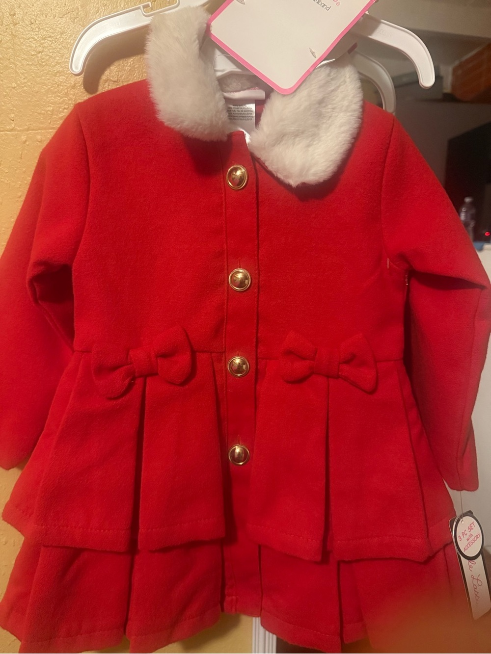 Little Lass Red Peacoat with Faux-Fur Collar and Bow Accents